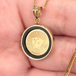 14K Onyx Blackjack Pendant, Solid Yellow Gold, Black Round Etched
